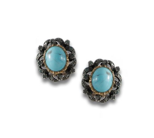 Antique gold earrings with silver accents and turquoise