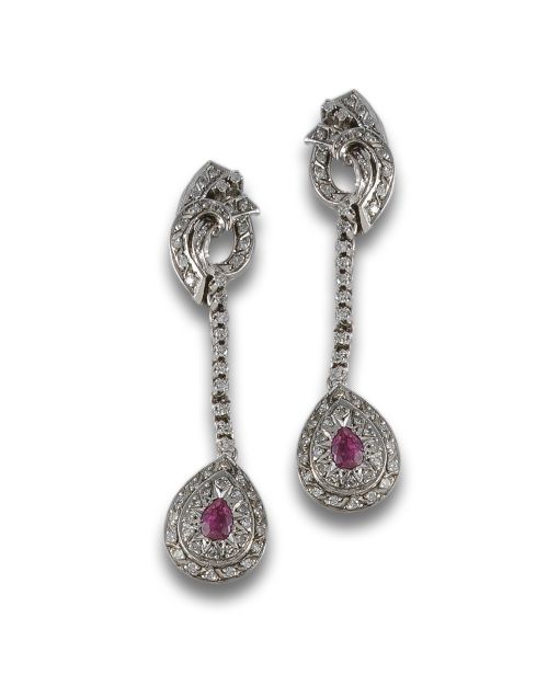 1950s WHITE GOLD EARRINGS IN 14K WITH DIAMONDS AND RUBIES