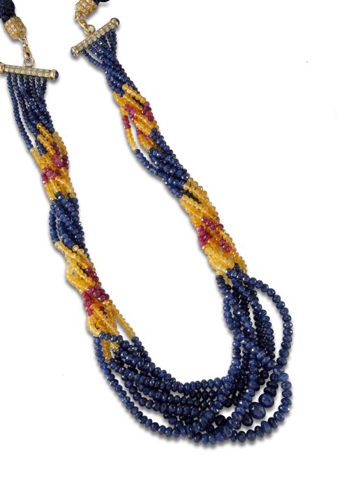 SAPPHIRE AND RUBY BEAD NECKLACE WITH GOLD CLASP
