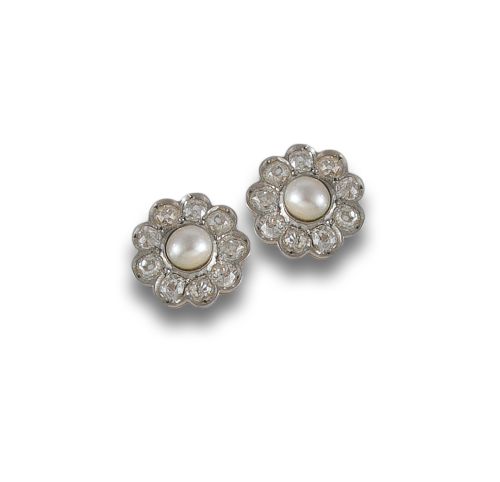 YELLOW GOLD ROSE EARRINGS WITH PLATINUM ACCENTS, PEARL, AND
