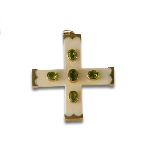 GREEK CROSS OF IVORY, GOLD AND PERIDOTS