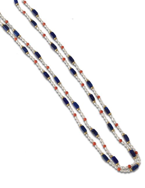 LONG NECKLACE WITH TWO STRANDS OF GOLD, LAPIS LAZULI, CORAL