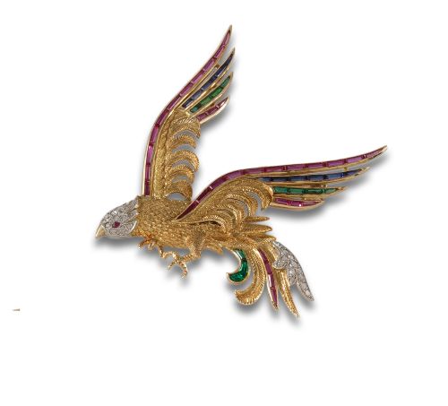 GOLD BROOCH IN THE SHAPE OF AN EAGLE WITH DIAMONDS, RUBIES,