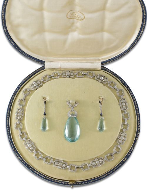 DEMI-PARURE AÑOS 20 DE PLATINO, AGUAMARINA Y DIAMANTES