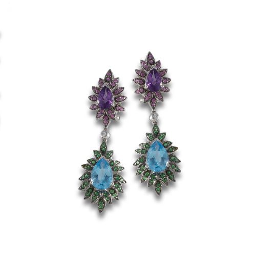 LONG MULTI-GEM WHITE GOLD EARRINGS.