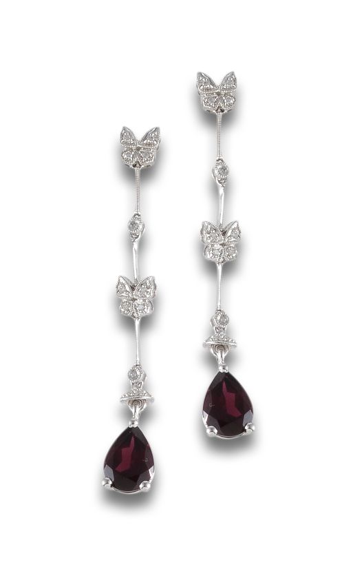 GOLD, DIAMOND AND RHODOLITE EARRINGS.