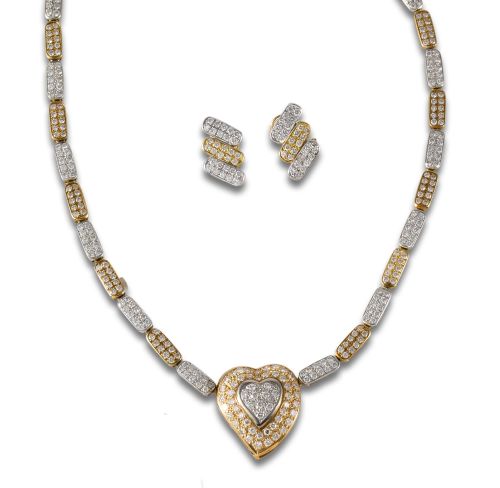 GOLD AND DIAMOND NECKLACE AND EARRING SET.