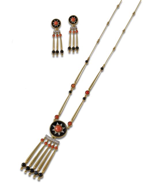 GOLD, CORAL, ONYX AND DIAMONDS NECKLACE AND EARRING SET