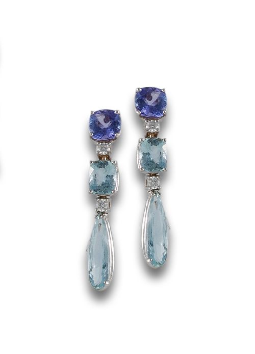 GOLD, TANZANITE AND AQUAMARINE EARRINGS.