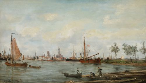 ROBERT CHARLES MOLS, "Puerto", Óleo sobre tabla