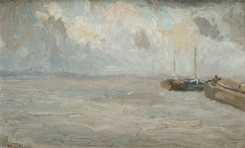 CLEMENTE DE PORRE, "Barcos en la mar", Óleo sobre cartón