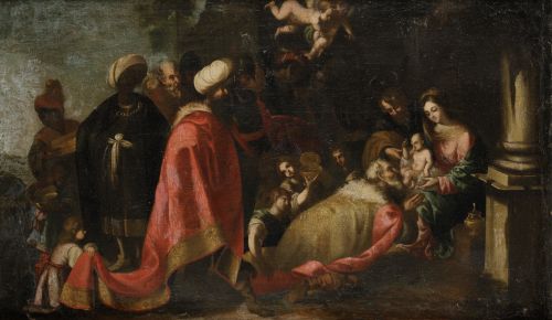 ESCUELA SEVILLANA , “Adoración de los Reyes Magos", Óleo so