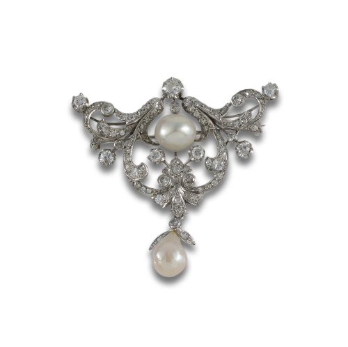 BROCHE PENDENTIF DE PLATINO CON DIAMANTES Y PERLAS