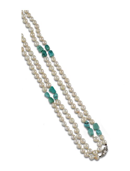 LONG NECKLACE OF PEARLS AND TURQUOISE