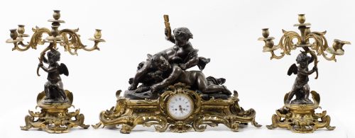 Guarnición de reloj y pareja de candelabros Napoleón III, F