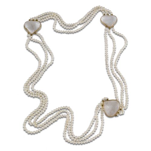 COLLAR CON CORAZONES DE CUARZO RUTILADO Y PERLAS