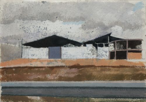 ROSA PÉREZ CARASA, "Paisaje con casas", Óleo sobre papel