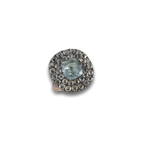 SORTIJA ANTIGUA DE PLATA Y ORO CON AGUAMARINA SINTETICA