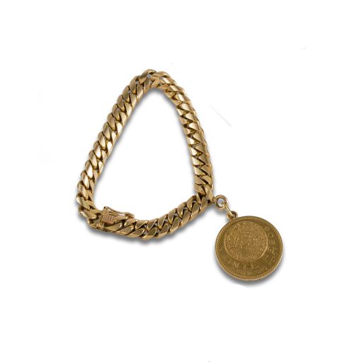 PULSERA DE ESLABONES BARBADOS CON MONEDA DE ORO