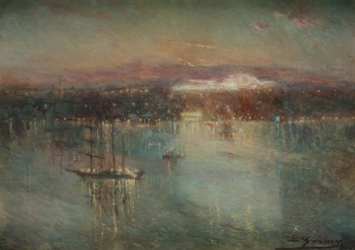 LUIS  GRANER ARRUFI, "Atardecer en el rio Hudson”, 1923, Ól