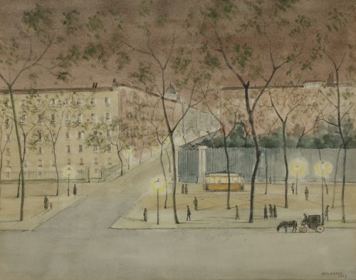 JUAN  ESPLANDIÚ, "Paseo del Prado", 1963, Acuarela y grafit