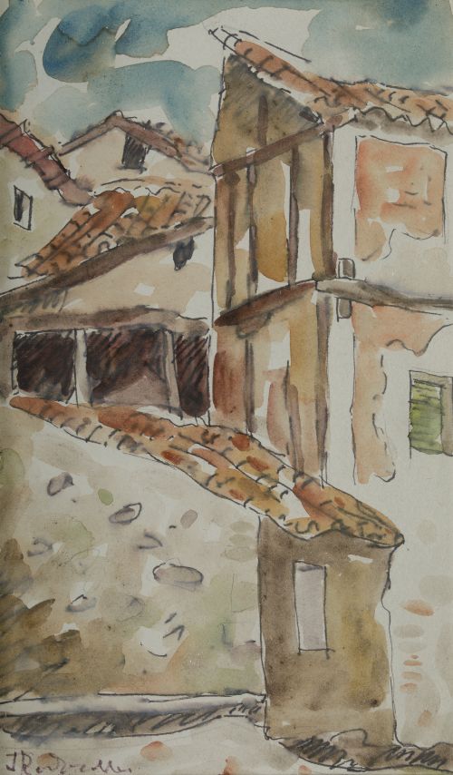 JOSE REDONDELA, "Calle de pueblo", Acuarela sobre papel