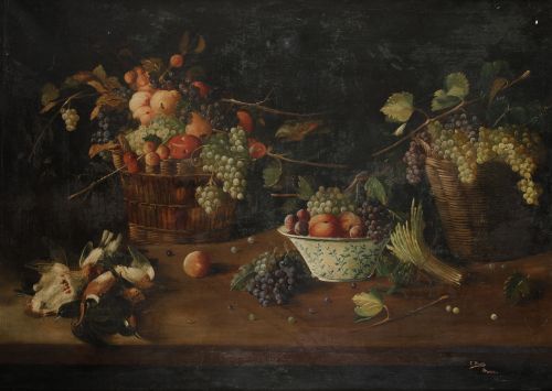 ESCUELA ESPAÑOLA, "Bodegón de frutas y caza", Óleo sobre l