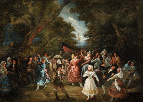 ESCUELA ANDALUZA, "Baile en el campo", Óleo sobre lienzo