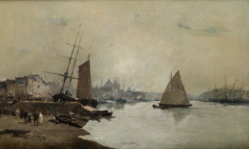 EUGÈNE GALIEN-LALOUE, "Puerto francés", Óleo sobre lienzo