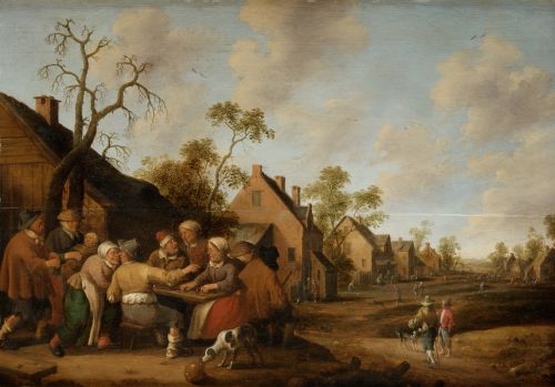 JOOST CORNELISZ DROOGSLOOT, "Escena de aldea", Óleo sobre t
