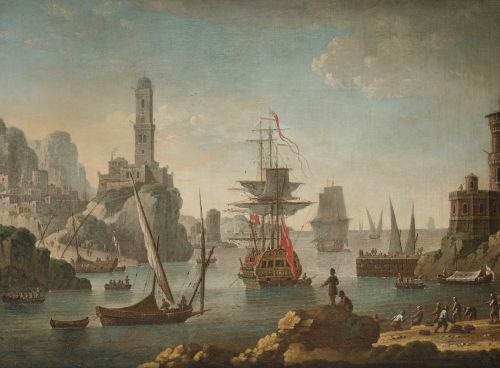 SEGUIDOR DE CLAUDE JOSEPH VERNET, "Paisaje con puerto", Óle