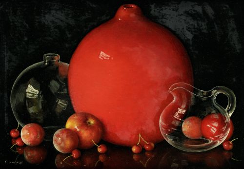 CARLOS LAHARRAGUE, "Bodegón en rojo", Óleo sobre lienzo