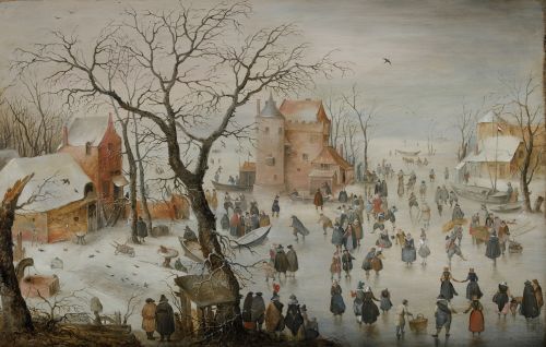 ESCUELA HOLANDESA, "Paisaje invernal con patinadores", Óleo