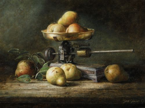 JOSE SANCHO GONZALEZ, "Bodegón con peras y balanza", Óleo s