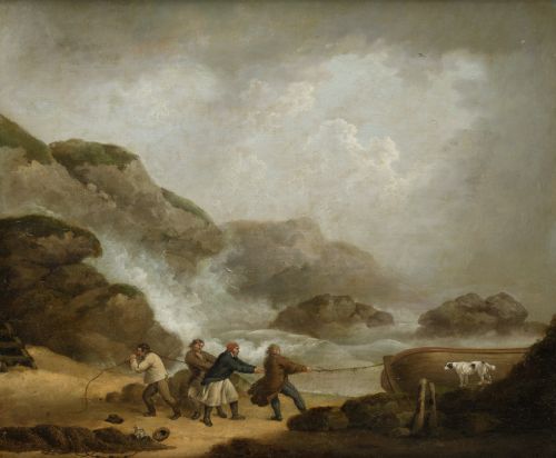 GEORGE MORLAND, "Marina con personajes arrastrando un bote