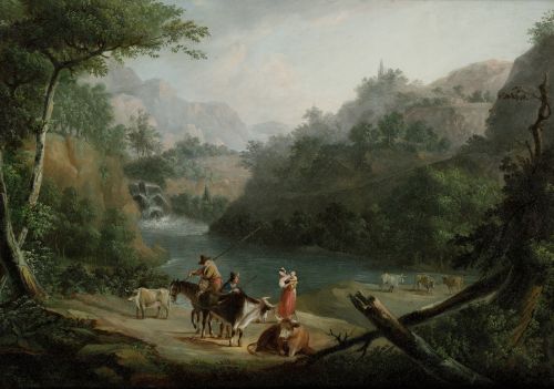 ESCUELA ANDALUZA, "Pasiaje con pastores junto a un rio", Ól