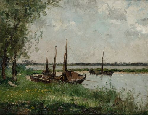 PAUL MATHIEU, "Paisaje fluvial con barcas", Óleo sobre lien