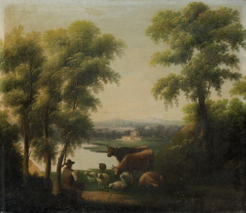 ESCUELA ESPAÑOLA, "Paisaje con campesinos y animales", Óleo