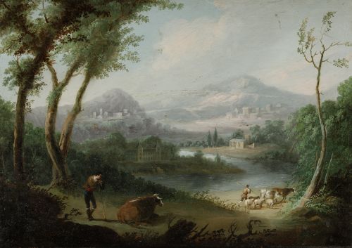 ANÓNIMO, "Paisaje con pastores y ganado", Óleo sobre tabla