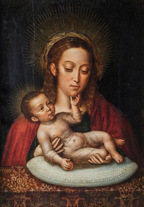 ESCUELA HISPANO FLAMENCA, "Virgen con el Niño", Óleo sobre 