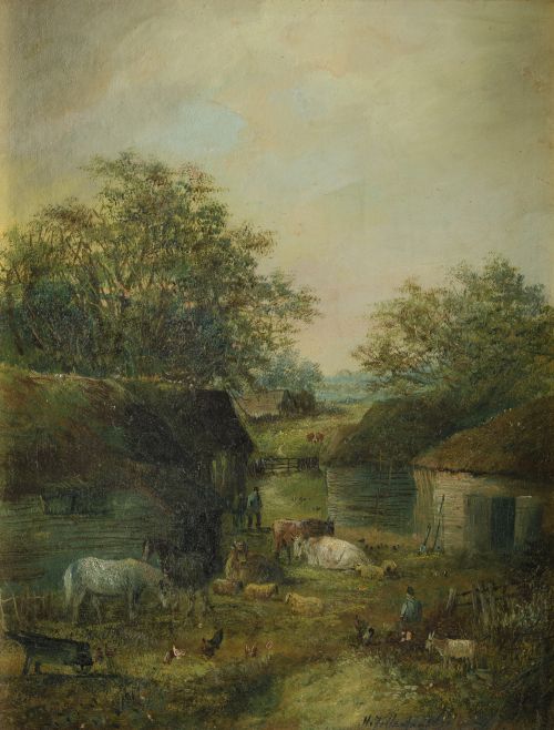 HENRY FOLLENFANT, "Granja con animales", Óleo sobre cartón