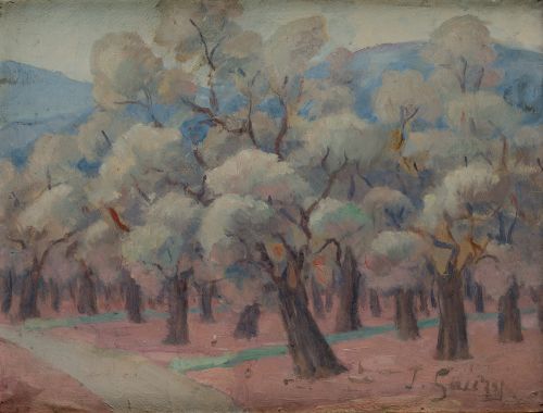 JEANNE L. GAUZY, "Campos de olivos", Óleo sobre cartón
