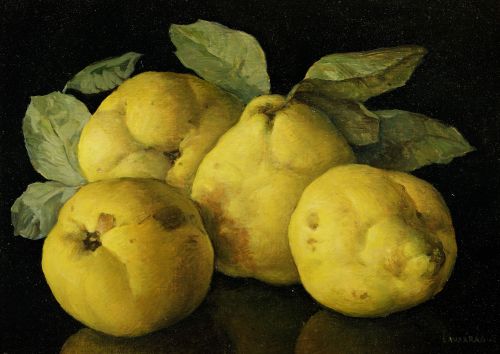 CARLOS LAHARRAGUE, "Bodegón de mebrillos", Óleo sobre cartó