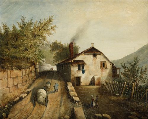 ANÓNIMO, "Paisaje rural con casa y campesinos", Óleo sobre