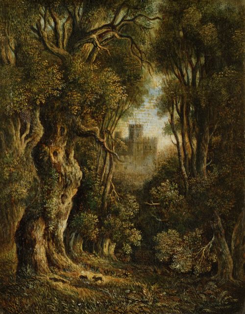 ESCUELA INGLESA, "Bosque con castillo al fondo", Óleo sobre
