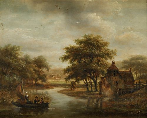 ESCUELA HOLANDESA, "Paisaje con rio", Óleo sobre tabla