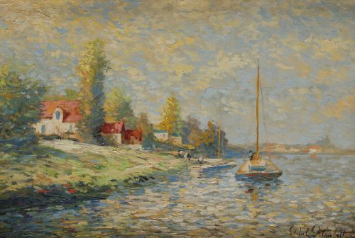 PAUL FLAUBERT, "Paiaje con barcas junto a un rio", Óleo sob