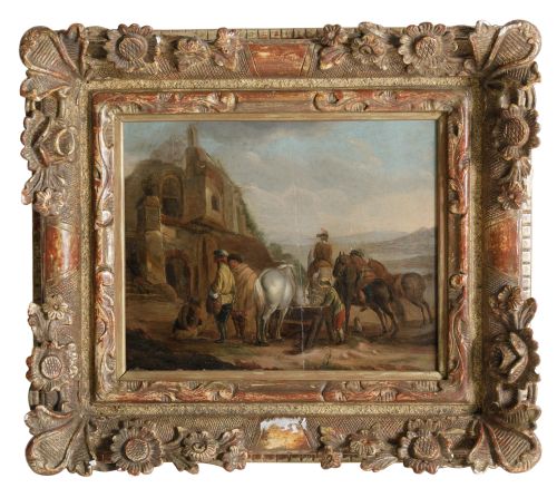 ESCUELA HOLANDESA, "Descansando del viaje”, Óleo sobre tabla