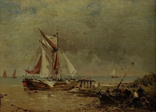 CAMILLE ROUSSEAU, "Playa con barcas y pescadores", Óleo sob