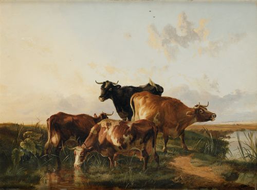 TOMAS SIDNEY COOPER, "Vacas al atardecer", 1865, Óleo sobre